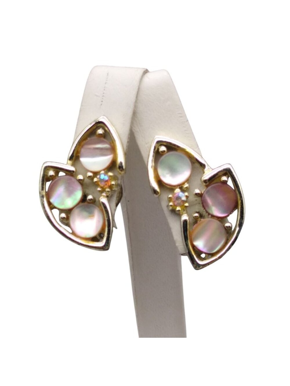Vintage Tara Mermaid Coin Abalone Earrings, Pink Shell on Gold Tone Clip Ons